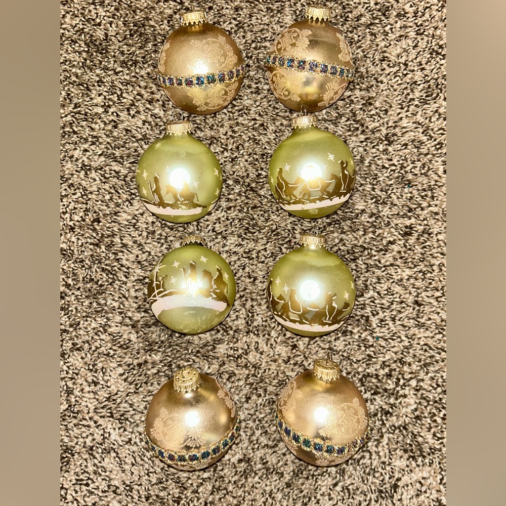 8 Vintage Krebs Glass Ornaments - Golden Glitter - Nativity - Victorian -